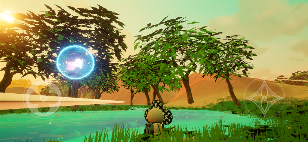 LOUIS THE GAME - Ein Screenshot des Charakters Vivienne in einer üppigen grünen Landschaft mit einer leuchtenden blauen Kerze in LOUIS THE GAME