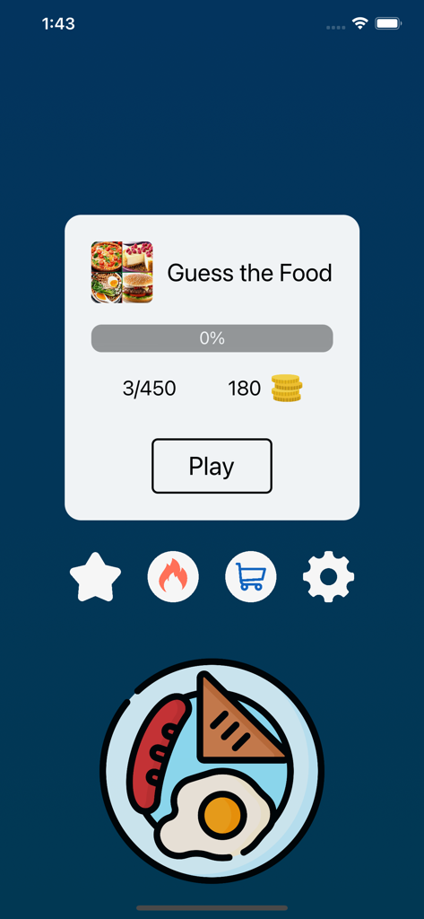 Food Quiz: Guess the Food - Main menu of Food Quiz Guess the Food showing level progress coins and a play button