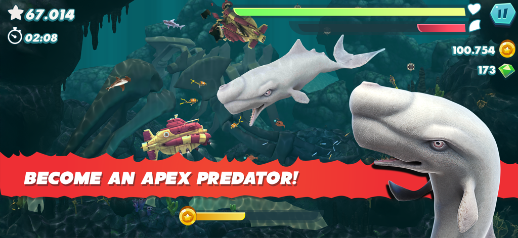 Un grande squalo preistorico bianco nuota vicino a un sottomarino giallo nella schermata di gioco mobile di Hungry Shark Evolution.