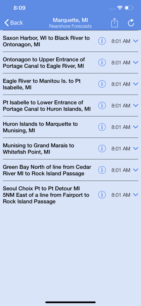 A list of Great Lakes nearshore weather forecast zones for Marquette Michigan within the Nearshore mobile app.