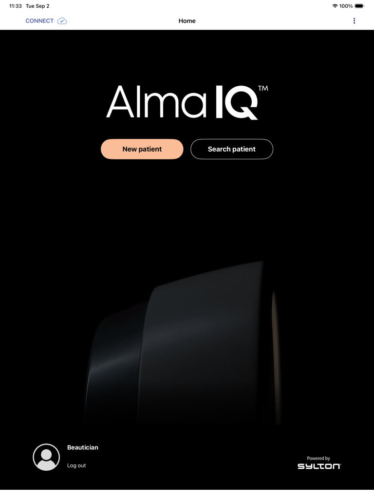 Alma IQ - Home screen of the Alma IQ professional skin analysis app on an iPad showing buttons for new and existing patient consultations