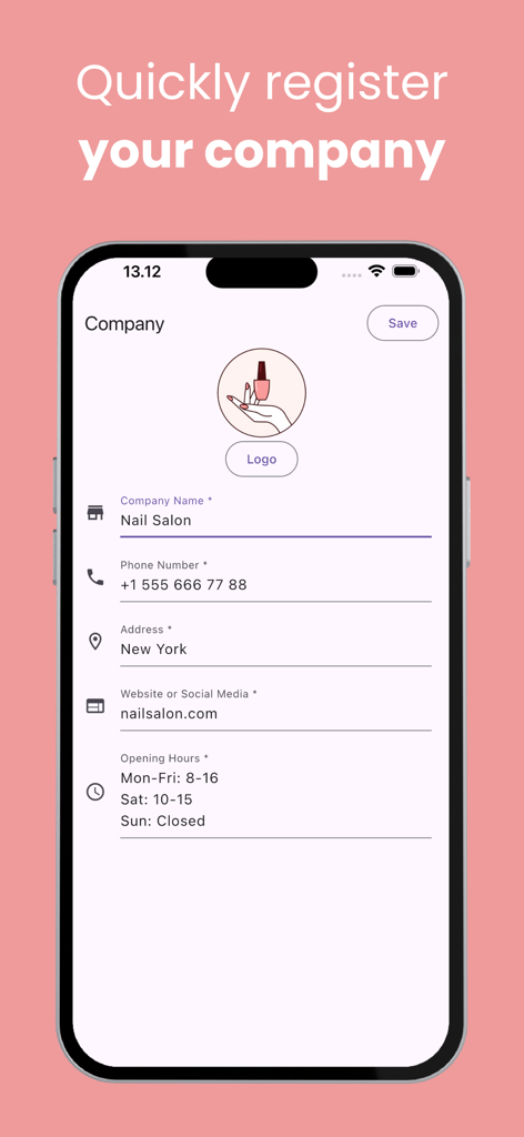 WinStamp Business - Interfaz de la app móvil para registrar rápidamente un perfil de empresa incluyendo nombre, datos de contacto y horario de apertura.