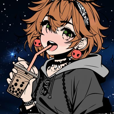 hot baddie anime girl drinking boba and biting the straw