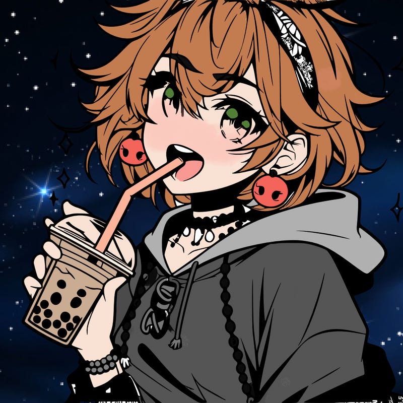 hot baddie anime girl drinking boba and biting the straw