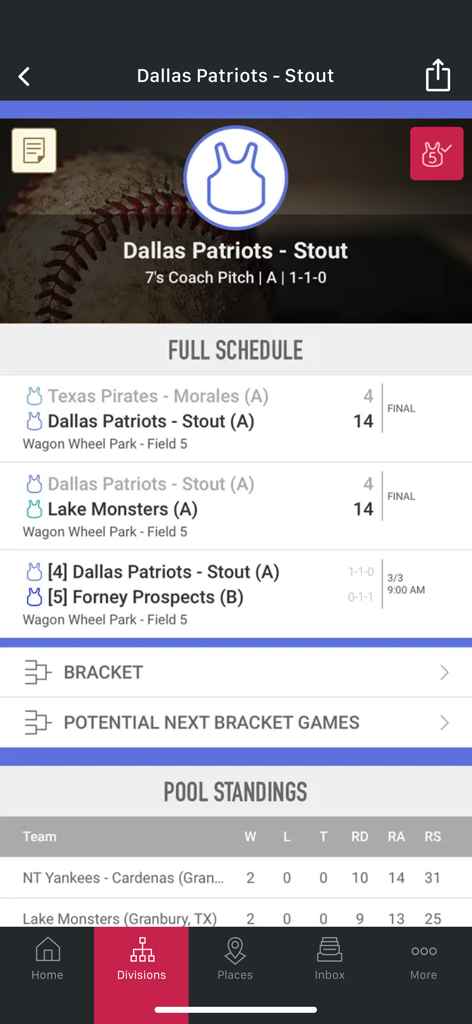 SportsEngine Tourney - SportsEngine Tourney app interface showing a youth sports team schedule and pool standings