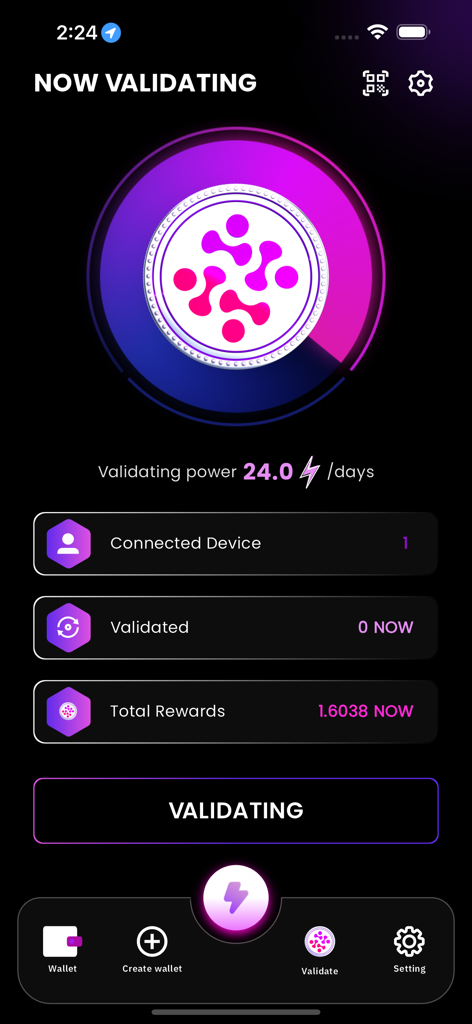 mobiNODE - Interface do aplicativo mobiNODE exibindo status de validação de blockchain ao vivo, recompensas ganhas em tokens NOW e poder de validação do dispositivo.