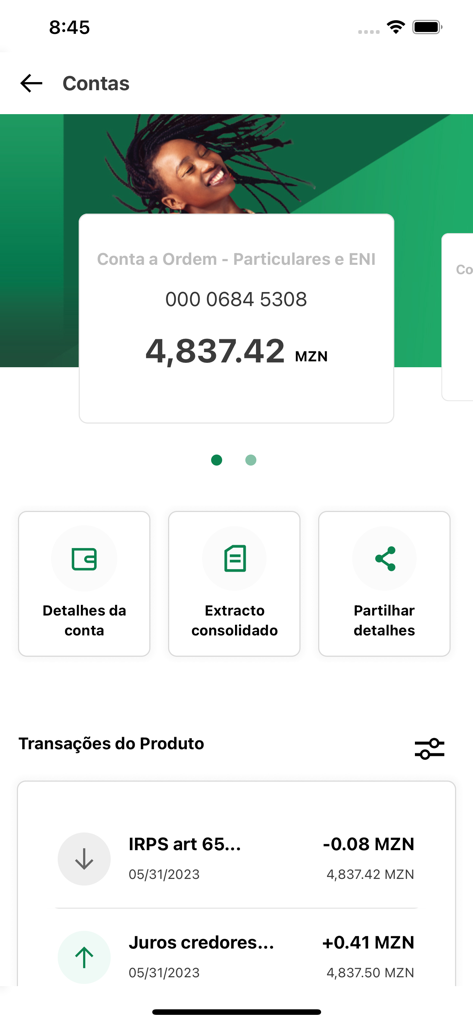 MyUey - MyUey mobile banking dashboard showing account balance in Metical and recent transactions history