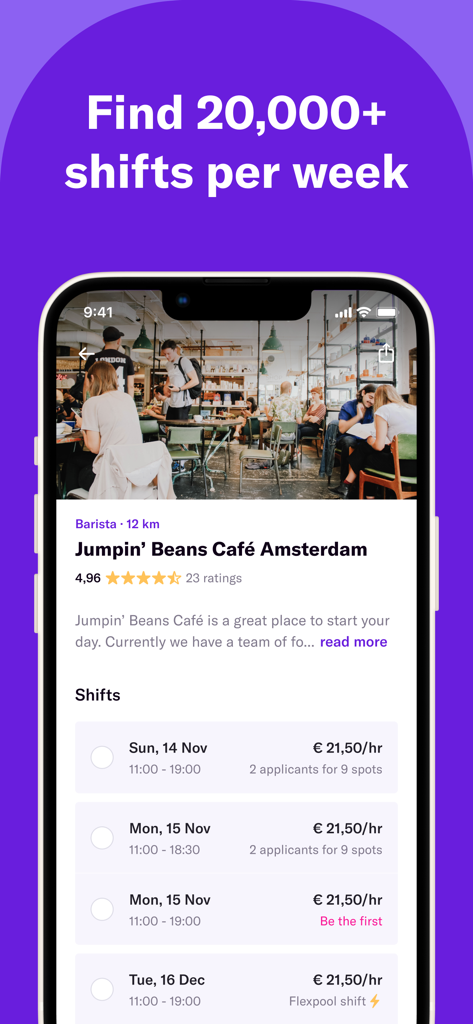 Temper | Flex Work and Gigs - A mobile app interface displaying barista job shifts at a cafe with hourly rates and shift times