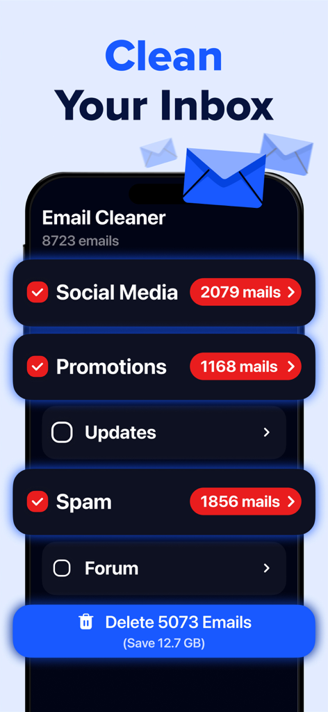 Cleaner AI: Photo Cleanup - Interfaccia dell'app mobile che mostra la funzione di pulizia della posta elettronica per eliminare email di social media e spam per più spazio di archiviazione.