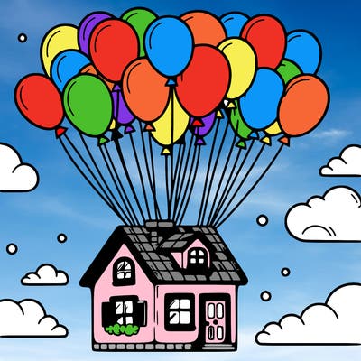 house floating from lots of balloons