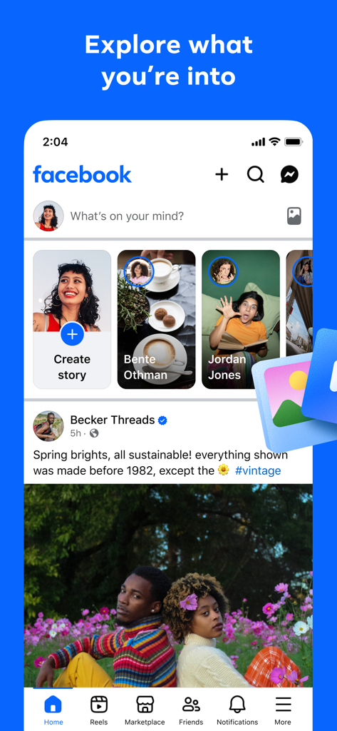 Pantalla de inicio de la aplicación Facebook mostrando historias y feed de redes sociales