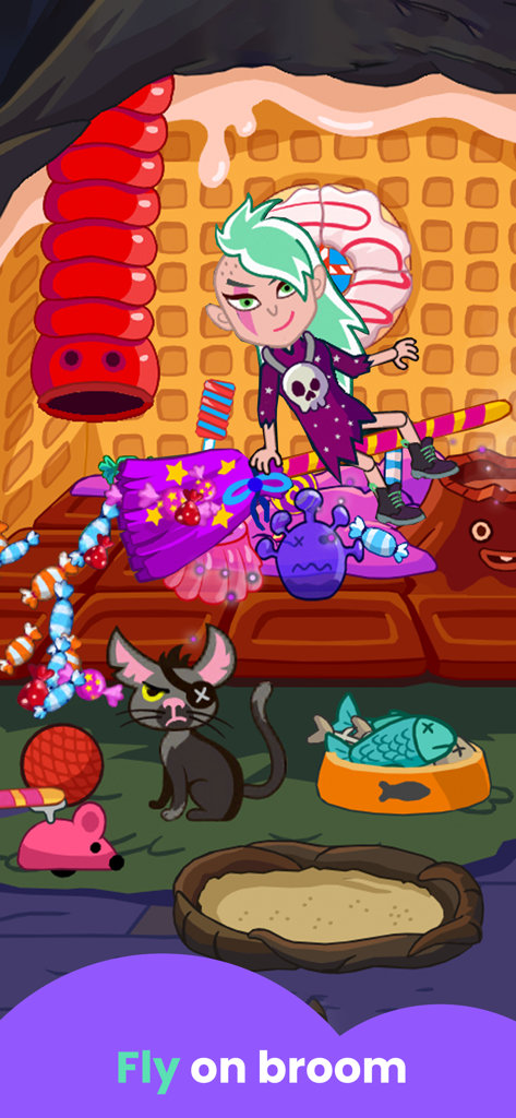 Fantasy World: Halloween Games - A character flying on a broomstick in a candy themed fantasy room
