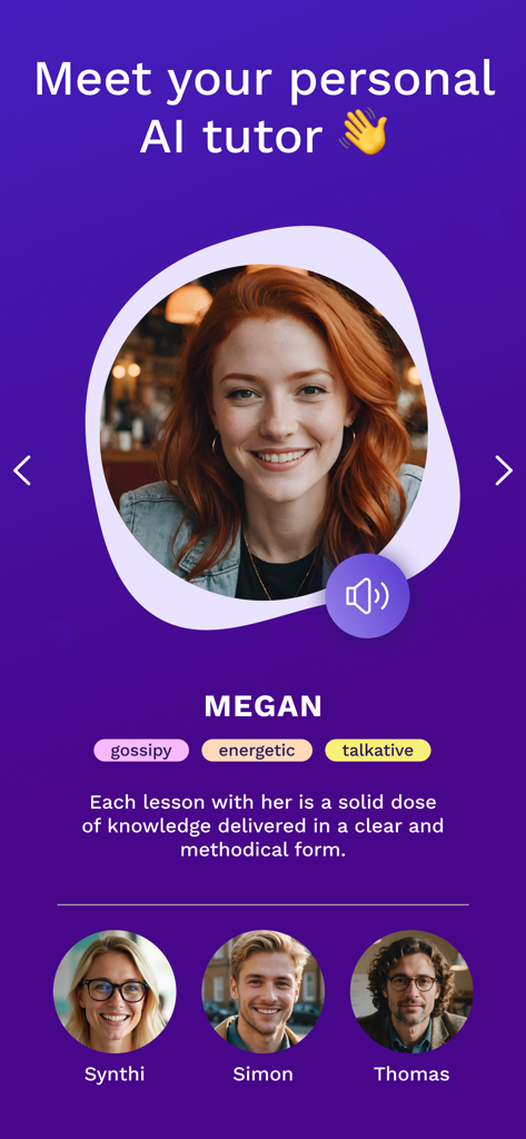 Synthi AI - Interface of Synthi AI app showing Megan as a personal AI tutor with personality traits like energetic and talkative