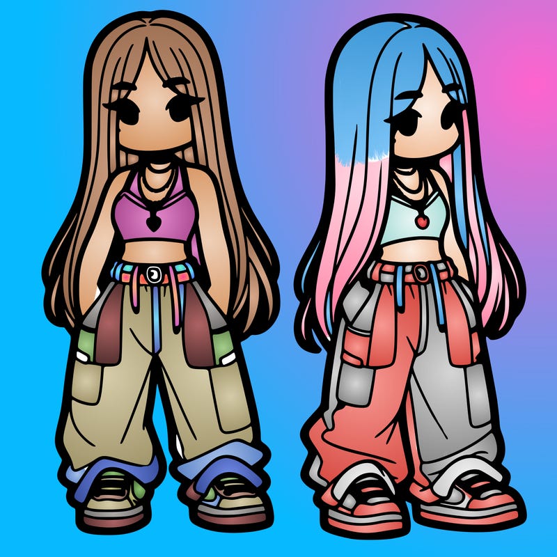 girl in baggy pants crop top and long hair