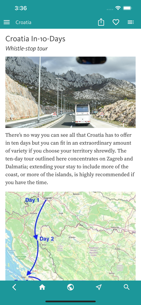 Croatia’s Best: Travel Guide - 경로 지도와 설명 텍스트가 있는 크로아티아 10일 여행 일정 모바일 앱 화면.