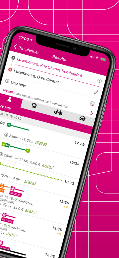 Mobiliteit.lu - Screenshot of the Mobiliteit.lu app showing multimodal trip planning results and travel times in Luxembourg