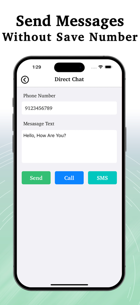 Mobile interface showing the Direct Chat feature for sending messages without saving a phone number