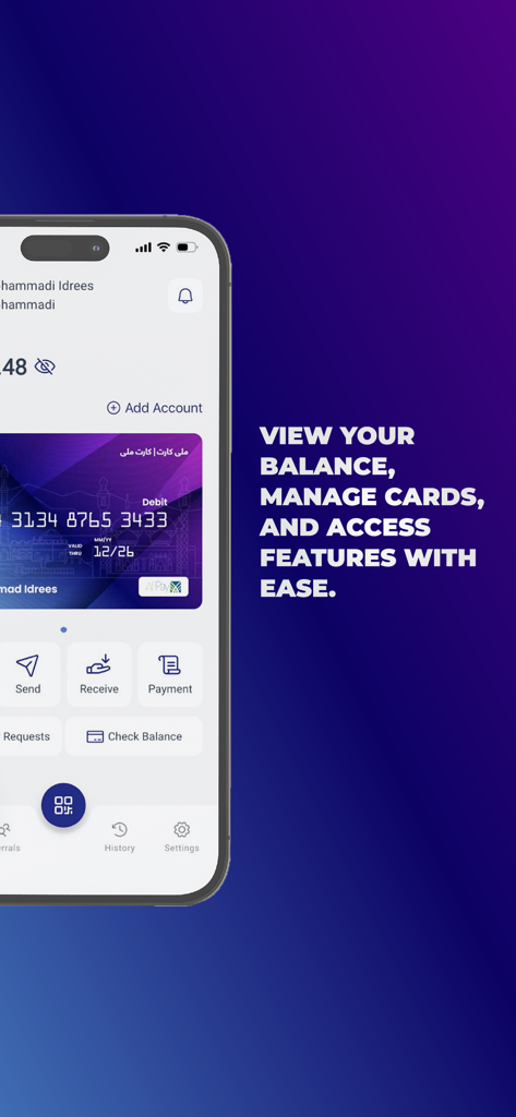 AurumPay - Painel do aplicativo AurumPay mostrando o saldo da conta e opções de gerenciamento de cartão