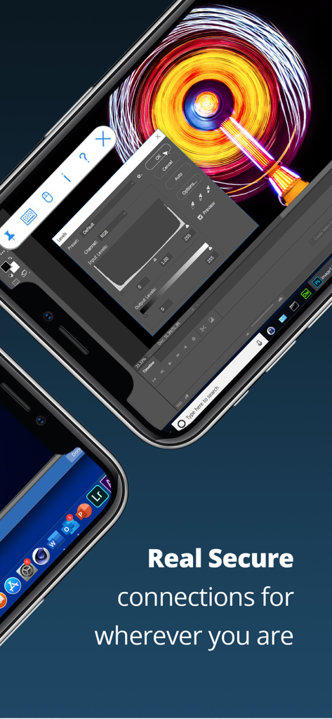 RealVNC Viewer: Remote Desktop - RealVNC Viewer app on smartphones showing secure remote desktop connections to Windows and Mac