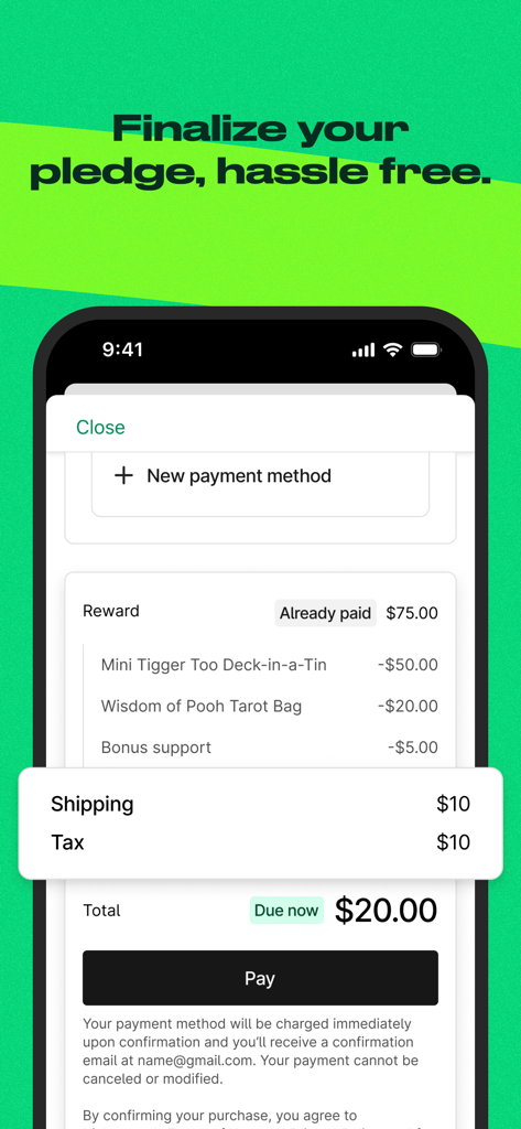 Kickstarter app checkout screen showing a final pledge payment summary and pay button.