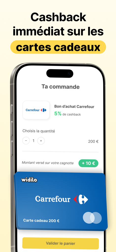 Widilo: Cashback & Codes Promo - Interface de l'application mobile Widilo montrant le cashback immédiat pour les cartes cadeaux