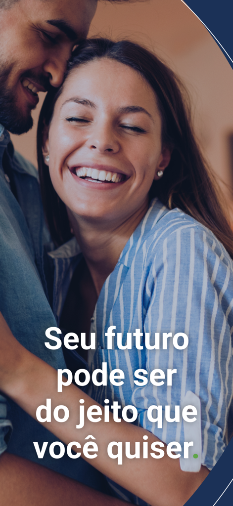 Casal feliz se abraçando com texto em português sobre planejar seu futuro