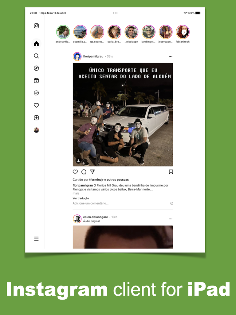 InsPad for Instagram - InsPad Instagram 클라이언트 인터페이스에 iPad의 뉴스 피드 및 스토리가 표시됨