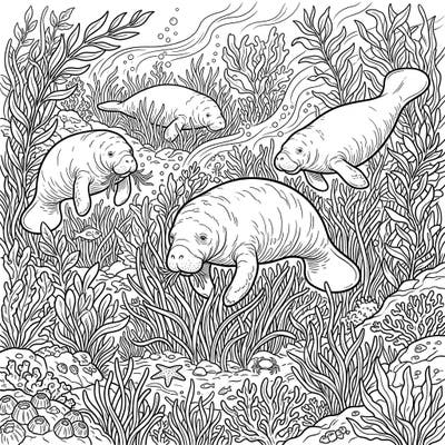 Explore the tranquil beauty of the ocean depths with this captivating coloring page featuring gentle manatees. Watch as these magnificent creatures gracefully navigate their lush seagrass habitat, awaiting your creative touch.