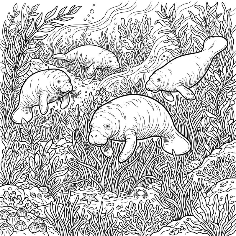Explore the tranquil beauty of the ocean depths with this captivating coloring page featuring gentle manatees. Watch as these magnificent creatures gracefully navigate their lush seagrass habitat, awaiting your creative touch.