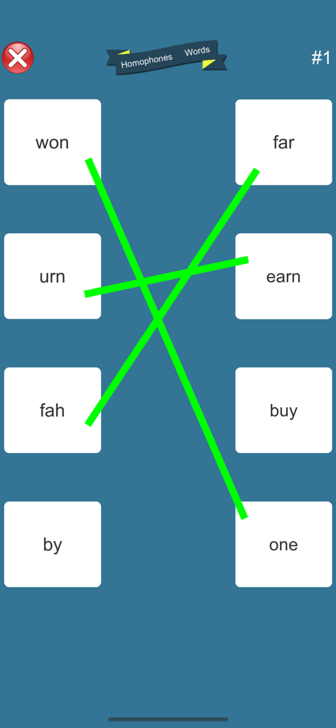 Opposite Words Learning - ワンとワンのような同音異義語ペアが緑の線で結ばれた、同音異義語のマッチングゲームが表示されている教育アプリの画面