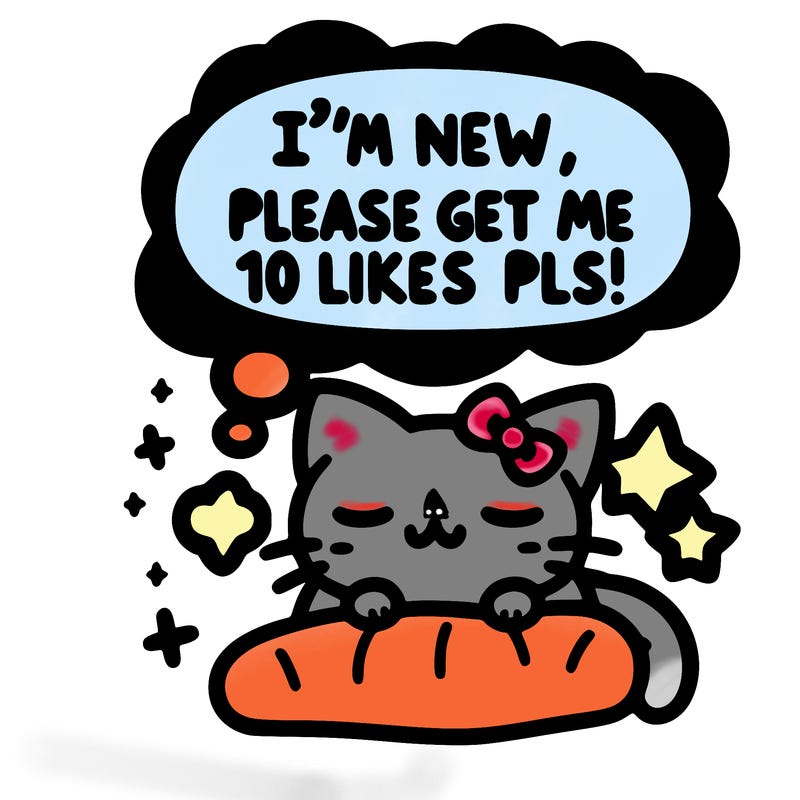 kitty taking a nap dream talking and saying "i'm new, please get me at least 10 likes pls!!"