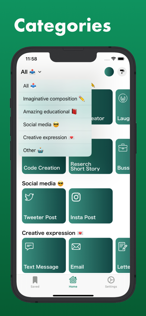 SquibWrite: Writing Assistant - A mobile app interface for SquibWrite showing various writing categories like social media posts, emails, and code creation.