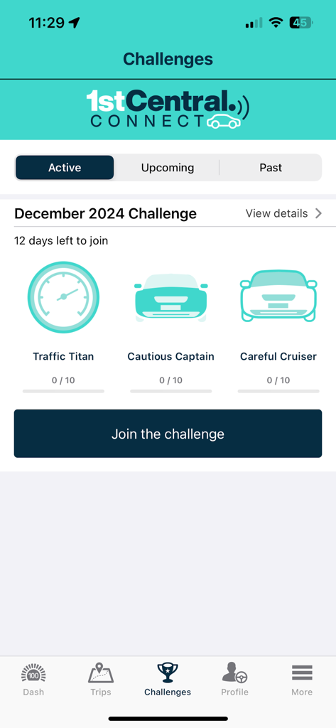 La schermata delle sfide dell'app 1st Central Connect che mostra badge di guida come Traffic Titan e Cautious Captain