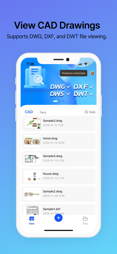CAD FastView King: DWG Viewer - Interface of the CAD FastView King app displaying a list of DWG and DXF drawing files on a smartphone screen