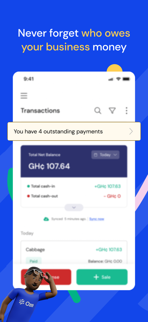 Oze - Oze app screenshot showing the transaction dashboard with a notification for outstanding payments and a total net balance overview