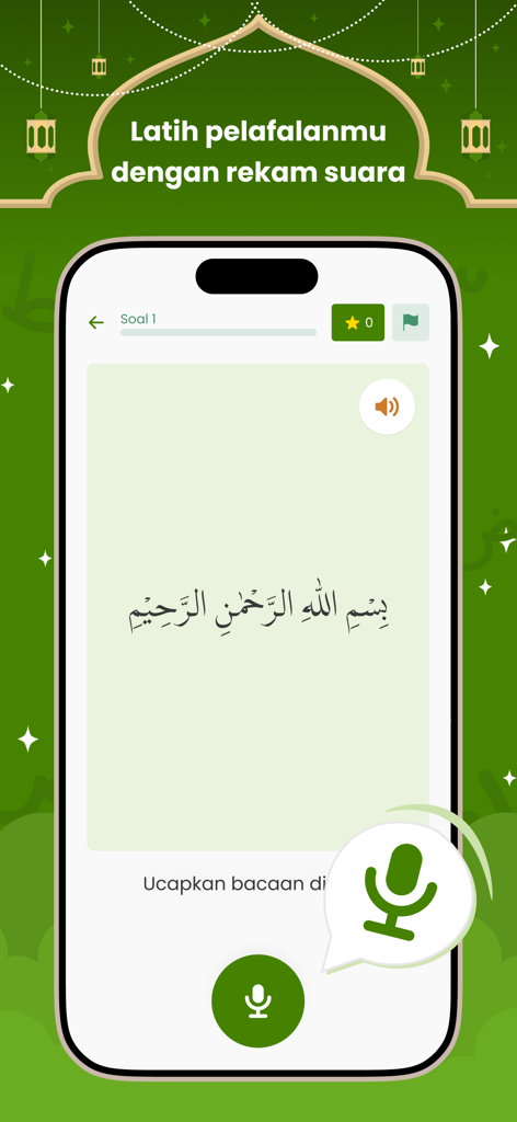 Ngaji AI mobile app interface for practicing Quranic pronunciation using voice recording