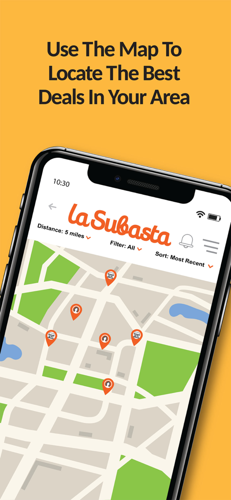 La Subasta: Latino Marketplace - A smartphone showing the La Subasta app map interface with pins for local deals and services nearby.