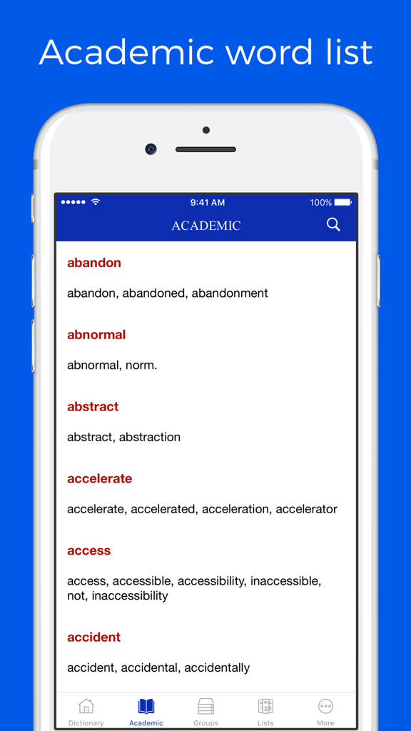 Interface do aplicativo Dicionário de Famílias de Palavras exibindo uma lista de palavras acadêmicas com radicais e seus derivados.