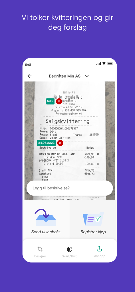 Fiken - Mobile interface of the Fiken app scanning a receipt with automatic data detection and OCR interpretation