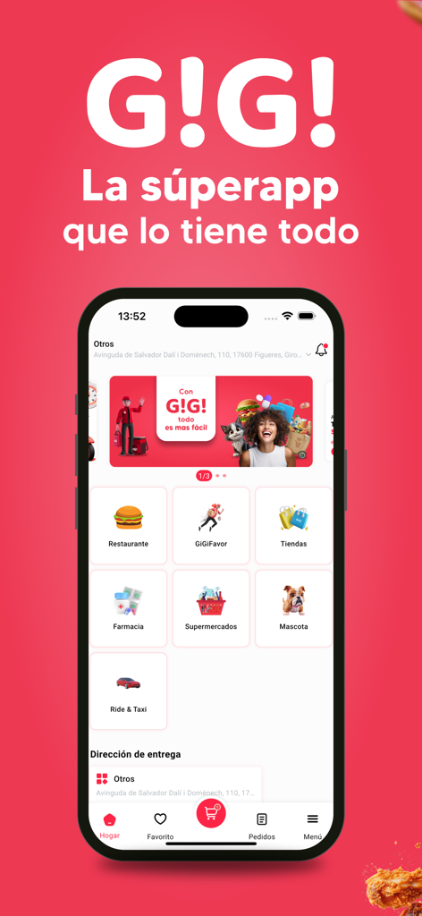 GiGi Food: Super, Comida Y Más - Interface of the GiGi Food super-app showing options for restaurant delivery, supermarket shopping, pharmacy, and ride services in Spanish.