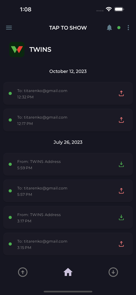 wallet.app - Transaction history in wallet.app showing crypto sent to email addresses