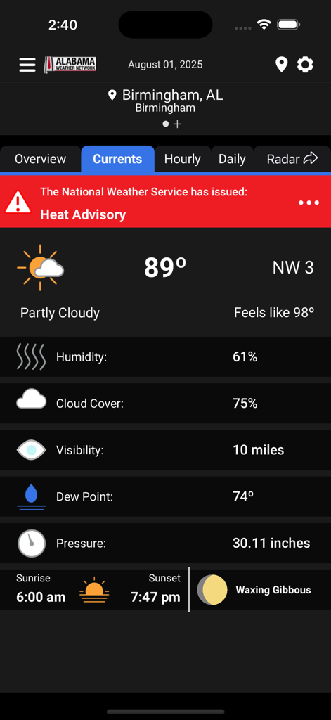 Current weather conditions and heat advisory for Birmingham Alabama in the Alabama Weather Network mobile app