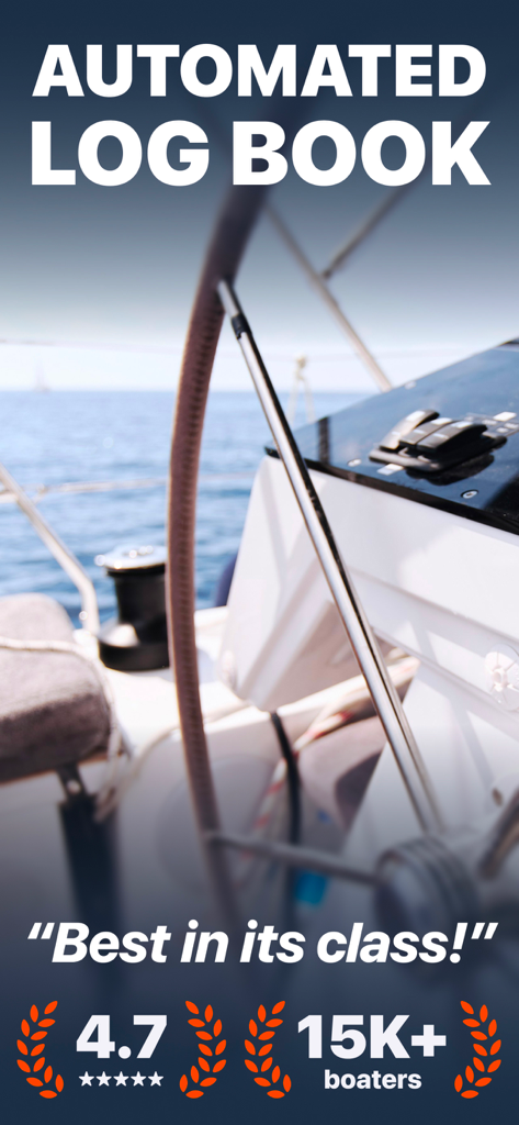 Boating Logbook: Skipper - Banner promocional para la aplicación Diario de Navegación Skipper que muestra el timón de un barco con texto que destaca un diario de navegación automatizado y altas calificaciones de usuario