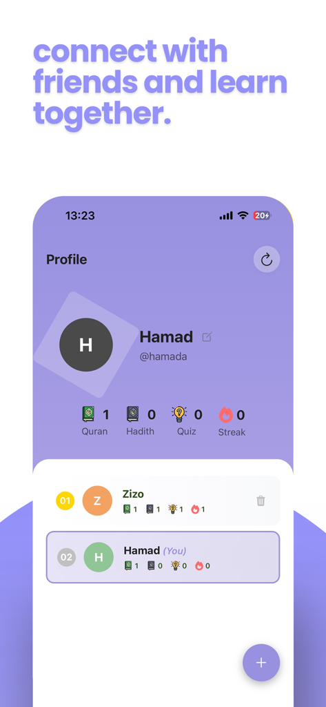 Noor - Quran Companion - Noor app social profile showing user streaks and friends progress list