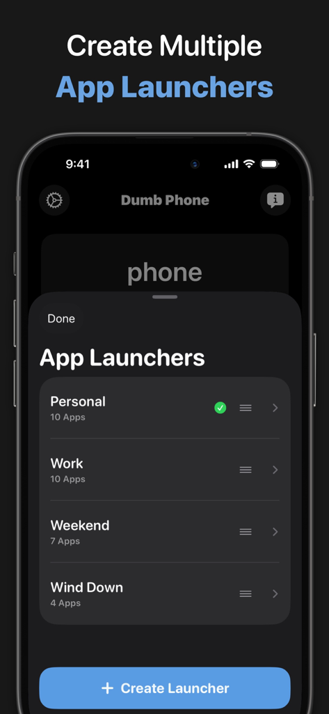 Smartphone screen showing a menu to create multiple app launchers for personal, work, weekend, and wind down modes