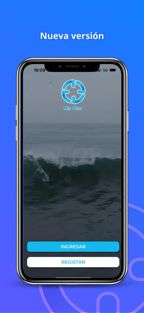 Mis Olas surf app login screen featuring a high quality background image of a surfer on a large wave
