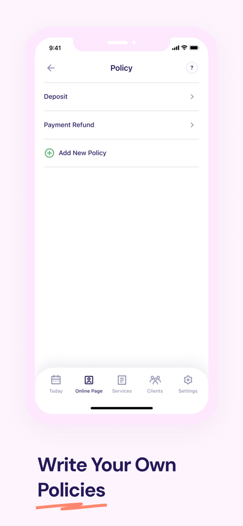 Sammy: Beauty Booking - Interface do aplicativo Sammy mostrando opções para definir políticas de depósito e reembolso de pagamentos.