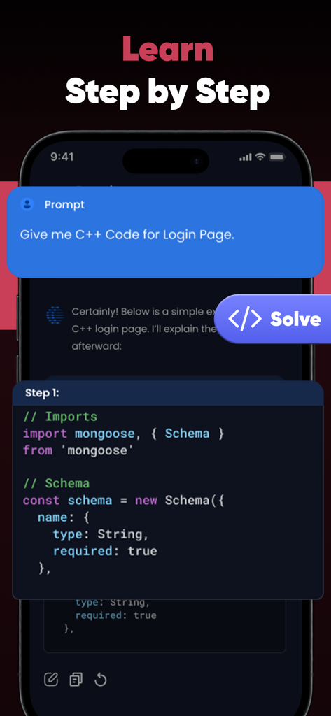 Code AI: Learn Programming - Interfaz de la aplicación móvil mostrando código de programación paso a paso generado por IA