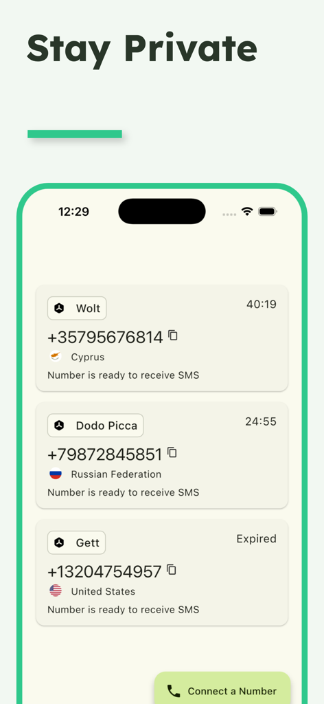 Second number : 2nd phone line - Ein iPhone-Bildschirm, der eine Liste virtueller Telefonnummern aus verschiedenen Ländern mit der Überschrift Privat bleiben anzeigt