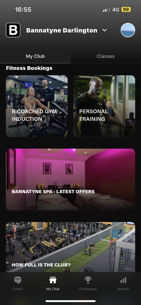 Dashboard of the Bannatyne Health Club and Spa app showing gym bookings, personal training, spa offers, and live club occupancy information